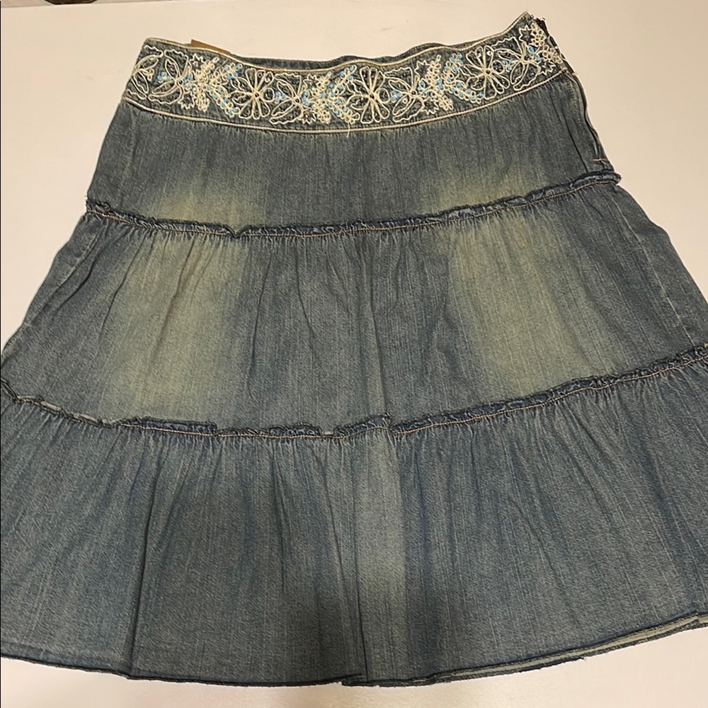 Younique Blue Distressed Denim Skirt with Tiered Design Embroidered Size 13 Y2K